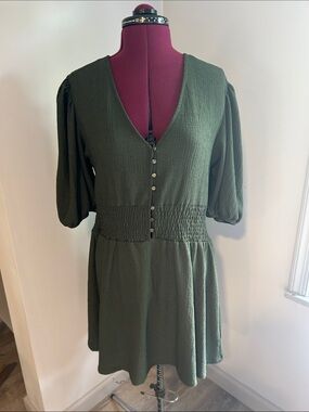 Women's Olive Green V-Neck Smocked Waist Mini Dress
